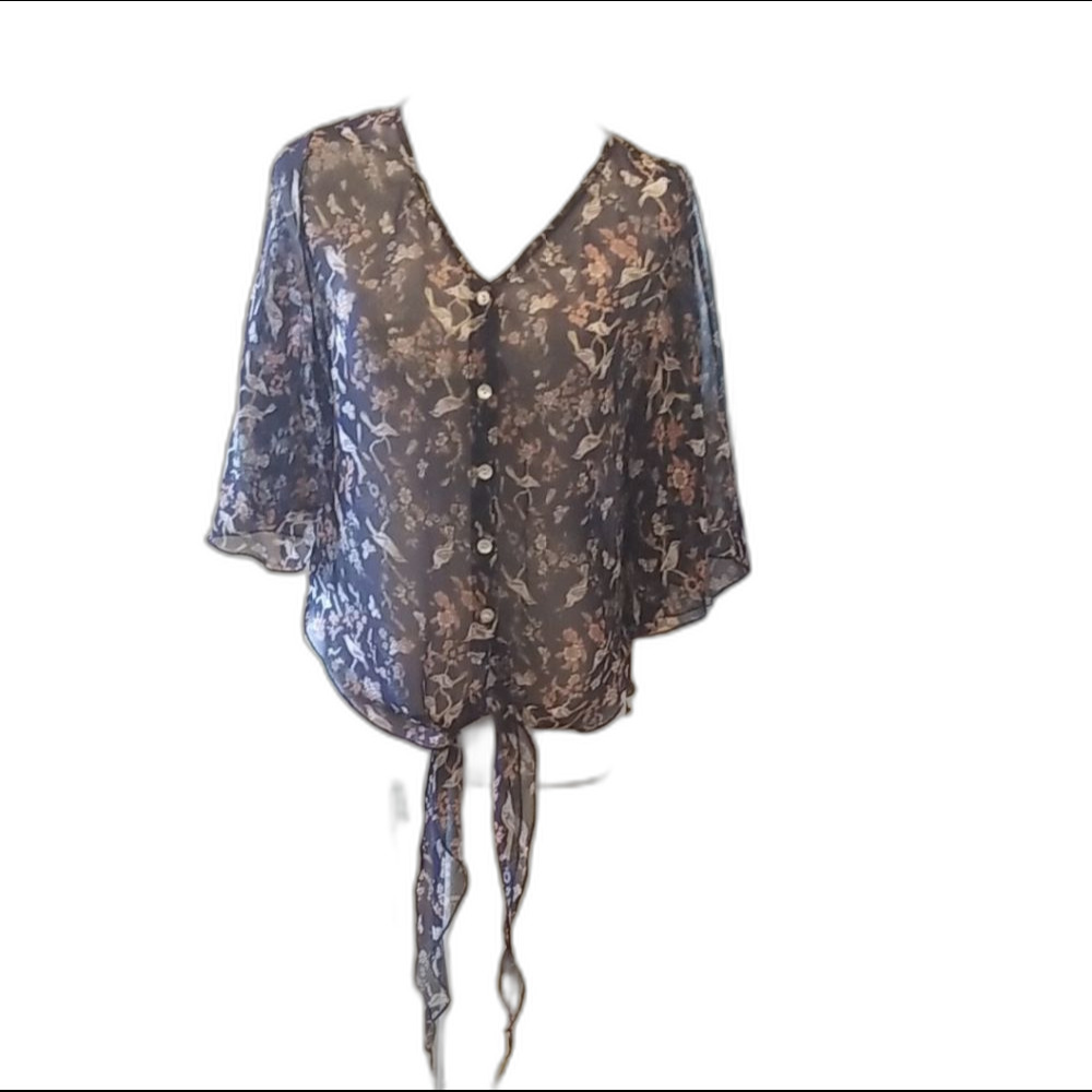 Angie Floral Boho Sheer Tie Front Blouse Gray White Button Down Top L